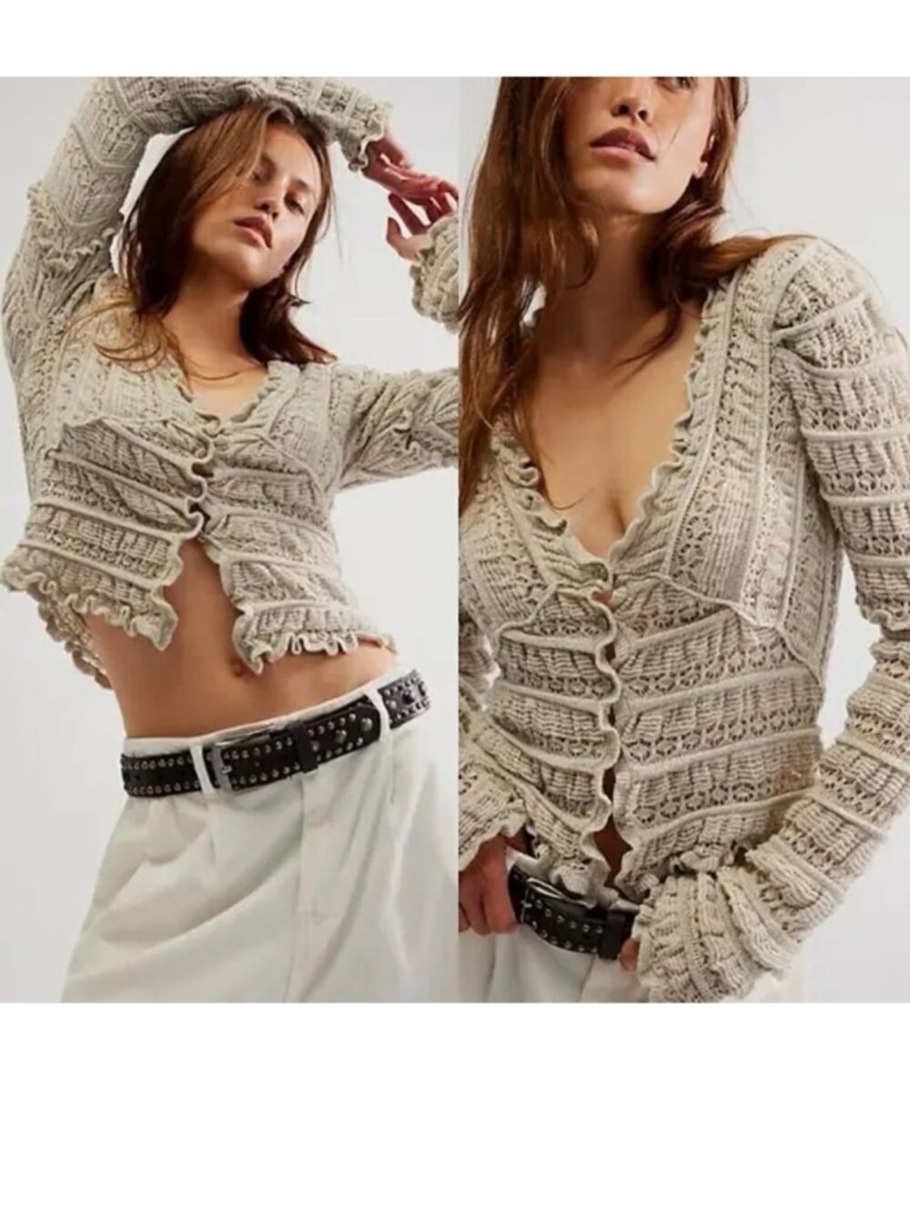 Free People Crochet Knit Cardigan Sweater XS Boho Fairy Grunge Open Knit Beige